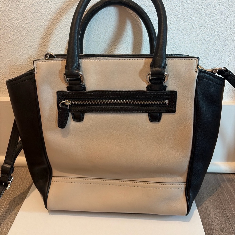 Coach Mini Leather Colorblock Satchel Black Cream Crossbody - Picture 2 of 5